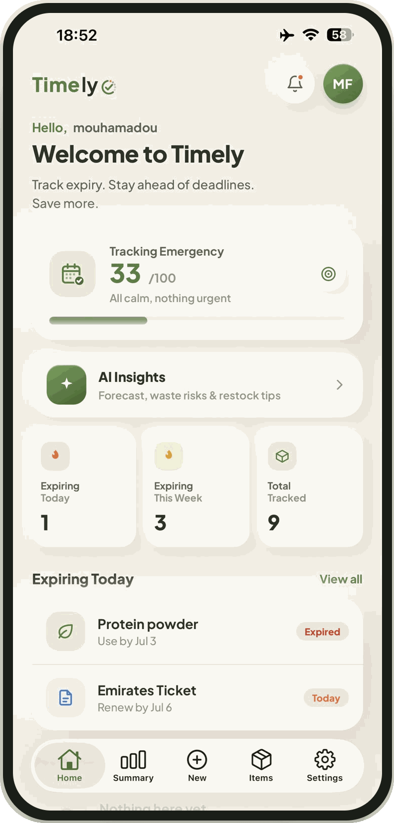 La app Timely — pantalla de inicio con los artículos próximos a caducar